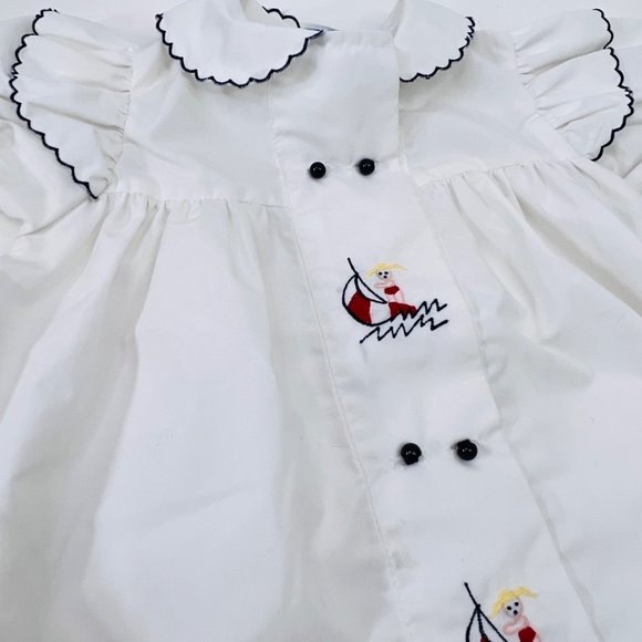 Vintage Nanette Sailor Baby One Piece Embroidered Scalloped Edge Sail Boat - Picture 5 of 8